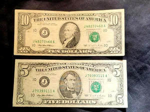 REMEMBER THESE! RARE CLASSIC/VINTAGE PAPER NOTES (J) KANSIS CITY $10 & $5 FRN'S - Picture 1 of 3