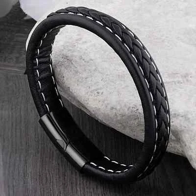 5pcsMens Black Braided Leather Bracelet Stainless Steel Magnetic Clasp Wristband - Image 1 of 4