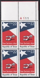 US #2204 22¢ Republic of Texas UR Plate Block 1986 MNH - Picture 1 of 1