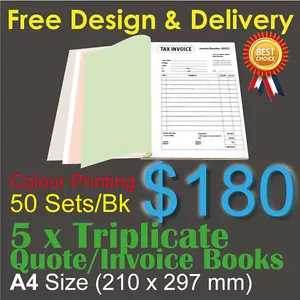 5 x A4 Customised Printed Triplicate QUOTE / Tax INVOICE Books Colour Printing - Picture 1 of 1
