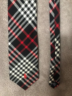 Polo Ralph Lauren Tie Check Plaid Necktie Black Gray Red Pony Cotton Flannel - Image 1 of 4