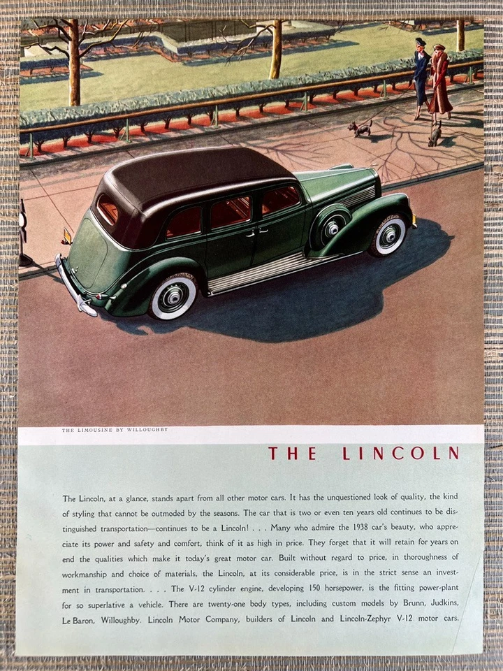 Lincoln The Limousine de Willoughby Automobile Car 1938 anuncio impreso vintage Foto 1 de 1