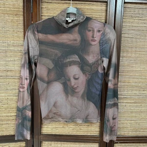 VTG Y2K she's so fresh mesh long sleeve mock neck renaissance inspired graphic S - Picture 1 of 8
