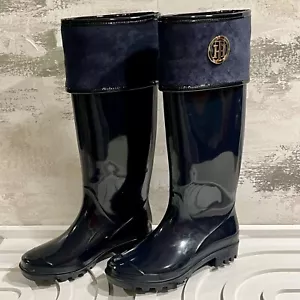Tommy Hilfiger SHINER Rain Boots Womens Size 5 Black Blue Equestrian Tall Riding - Picture 1 of 17
