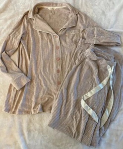 Womens Soma Soft 2pc Pink Gray Stripe Button Up Drawstring Pajama Set Small - Picture 1 of 5