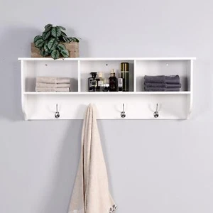 White Entryway Wall Mounted Coat Rack with 4 Dual Hooks Wooden Storage Shelf - Picture 1 of 6