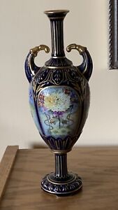 Frence Porcelain Vase Hand Painted Floral Motifs Colbalt Blue & Gilded C. 1920  
