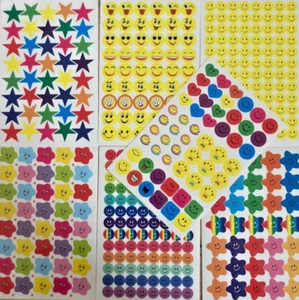 ADESIVI COLORATI EMOTICON FACCINE STELLE COLORATI 7 FOGLI PER VOTI BIMBI GIOCO - Picture 1 of 10