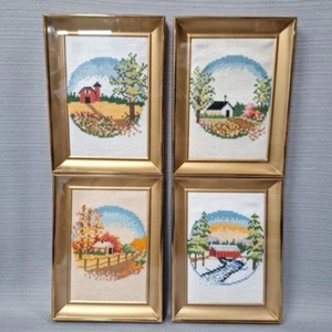 Set of 4 Seasons Framed Finished Cross Stitch Needlework Art 6'x 8' Handmade - Picture 1 of 12