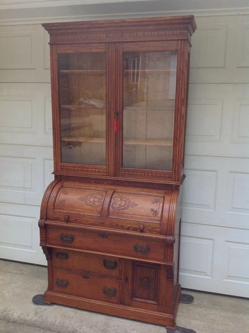 Antique Oak Cylinder Roll Top Desk w/Bookcase Top Cover