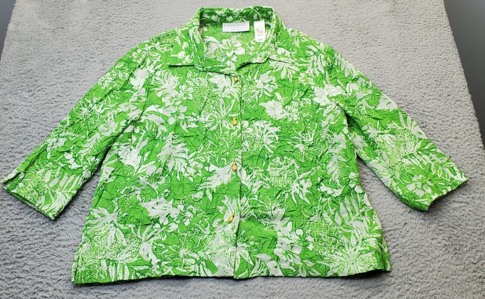 First Issue 衬衫女式 Petite XL 绿色夏威夷领菠萝纽扣 — 第 1/4 张图片