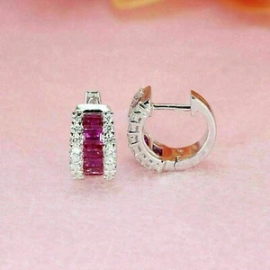 2.00Ct Baguette Cut Simulated Ruby Huggie Hoop Earrings In 14K White Gold Plated - Picture 1 of 6