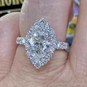2.10 Ct Marquise-Cut VS1/G Lab Grown Diamond Halo Wedding Rings 14K White Gold - Picture 1 of 4