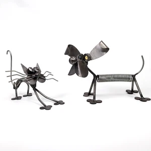 Metal Sculpture Art Dog Happy Puppy + Scared Cat Yardbird Scrap Metal Junkyard - Picture 1 of 5