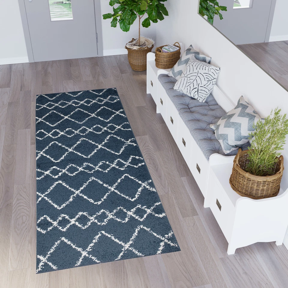 Teppichläufer Hochflor Shaggy Dunkelblau Creme ZigZag Boho Weich Wohnzimmer - Bild 1 von 1