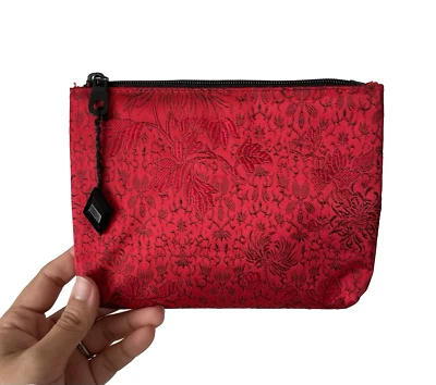 Vintage Red Black Satin Oriental Print Cosmetic Bag, Medium Pouch Zipper Jewel - Image 1 of 4