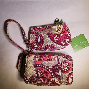Vera Bradley Paisley Meets Plaid Handgelenktasche & Clip Reißverschluss Ausweisetui Set Neu mit Etikett pink - Bild 1 von 6