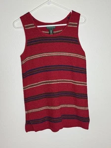 Vintage Lauren Ralph Lauren Sweater Vest Women L Red Striped Hand Knit Linen - Picture 1 of 10