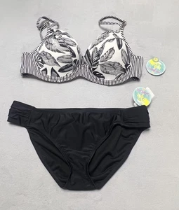 Island Soul $76 Women Bikini Set 2 Piece Swimsuit L Push Up Floral Black White - Picture 1 of 24