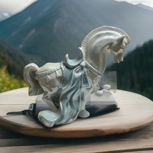 ARNEL'S CERAMIC TROJAN PARADE HORSE IRIDESCENT BLUE MID-CENTURY SIGNED - Picture 1 of 19