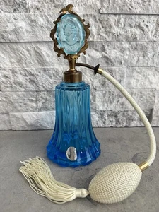 Teal Blue Vintage Perfume Bottle W/Intaglio Cameo Unable To Read Orig. Sticker - Picture 1 of 13
