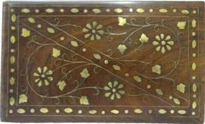 Floral Design Brass Inlay Decorative Box-Hinged with Red Velvet Lining 5" x 7" - Image 1 of 4