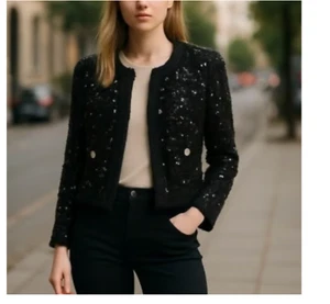 NWT $138 Nanette Lepore Black Velvet All Over Sequin Cardigan Jacket Blazer Larg - Picture 1 of 7