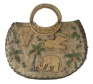 Cartera Relatividad Beige Bordada Elefantes Palmeras Asas Bambú - Imagen 1 de 13