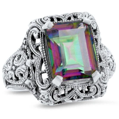 MYSTIC RAINBOW QUARTZ CLASSIC DESIGN 925 STERLING SILVER FILIGREE RING      #371 - Image 1 of 4