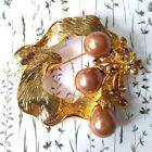 Copper Bronze Pearl Brown Crystal Gold Tone Flower Dress Brooch