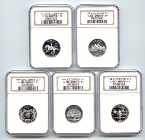 1999-S Silver Proof State Quarter Set, NGC PF-69 Ultra Cameo, DE, NJ, PA, GA, CT Cover