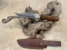 Large Damascus Bowie knife w Rosewood handle & brass hilt & leather sheath
