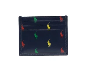 Polo Ralph Lauren Mens Polo Allover Multi Logo Leather Card Case Wallet Navy - Picture 1 of 5