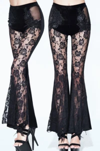 Sexy Pantalones Eva Dama Mujeres Encaje Leggings Negros Transparentes Góticos Apliques con Llamaradas - Imagen 1 de 9
