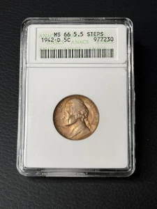 Toned 1942-D JEFFERSON NICKEL ANACS MS66 5.5 Steps Soapbox Holder Slab - Picture 1 of 9