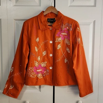 Vintage Alex Kim Orange 100% Cotton Blazer SZ Med Embroidered Rhinestones Shell - Image 1 of 4