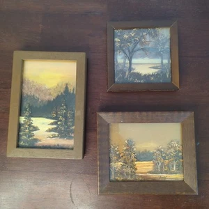 Vintage 3 Hand Painted Forest Woods On Glass W/Wood Frame By Andy 7x5 Lgst - Picture 1 of 8