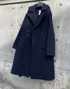 100% Auth Unisex Lacoste X Gloverall Pea Coat Navy Hoody Coat Size S Overfit - Picture 1 of 24