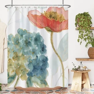 Watercolor Flower Shower Curtain Blue Floral Shower Curtain Set for Bathroom ... - Picture 1 of 8