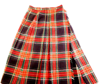 Vintage Tarten plaid wool blend Skirt wrap fringe 27" waist midi black red green - Image 1 of 4