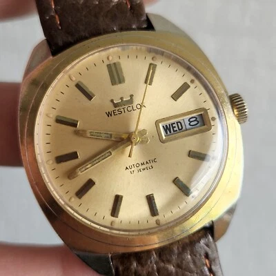 Vintage WESTCLOX Relógio Automático Masculino Dia/Data A-361-1 17 Joias Anos 1970 - Imagem 1 de 4
