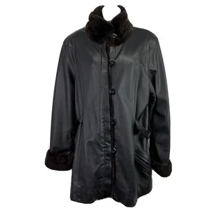 Unbranded Leather Fur Jacket Black Button Front Pockets Size Large - Picture 1 of 9