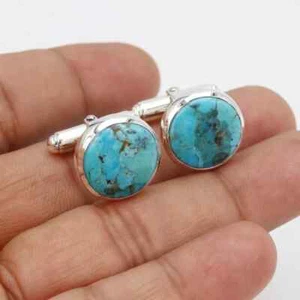 Blue Turquoise Solid Sterling Silver Cufflinks - Picture 1 of 9