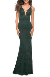La Femme Dark Emerald Green Illusion Inset Lace Sparkle Gown Size 10 $378 - Picture 1 of 3