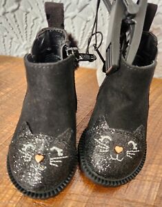 Girl Toddlers  Ankle Boots Black with Cats and Faux Fur New with Tags 