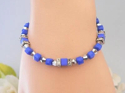 Armband Würfel Hämatit matt Glas facettiert Blau silber Strass 557a - Bild 1 von 4