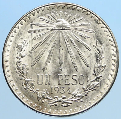 1934 M MEXICO Large Eagle Liberty Cap Mexican Antique Silver 1 Peso Coin i96934 - Image 1 of 3