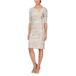 ALEX EVENINGS Ivory Taupe Sequin Floral Embroidered 3/4 Sleeve Cocktail Dress 10 - Picture 1 of 2