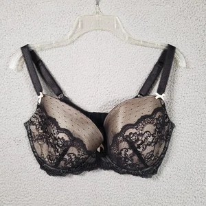 Figleaves Bra Womens 36FF Black Lace Pad Underwire Push Up Intimates Pink Bows - Picture 1 of 11