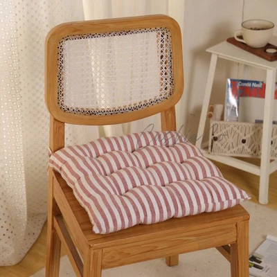 Handmade Linen Chair Cushion: Square, Custom Size Striped Chair Pad With Tei - Image 1 of 4